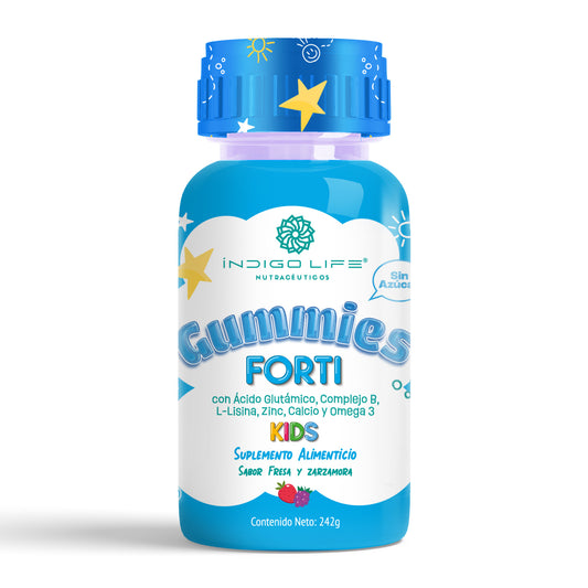Gomitas para Niños Forti con Acido Glutamico, Complejo B, L-lisina, Zinc, Calcio y Omega 3 Sabor Fresa y Zarzamora 242 gr