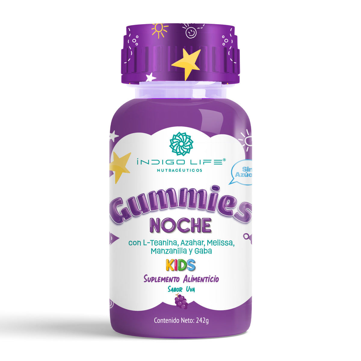 Gomitas Noche para Niños con L-Teanina, Azahar, Melissa, Manzanillay GABA Sabor Uva 242 gr