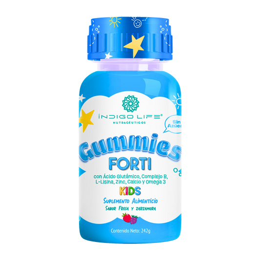 Gomitas para Niños Forti con Acido Glutamico, Complejo B, L-lisina, Zinc, Calcio y Omega 3 Sabor Fresa y Zarzamora 242 gr
