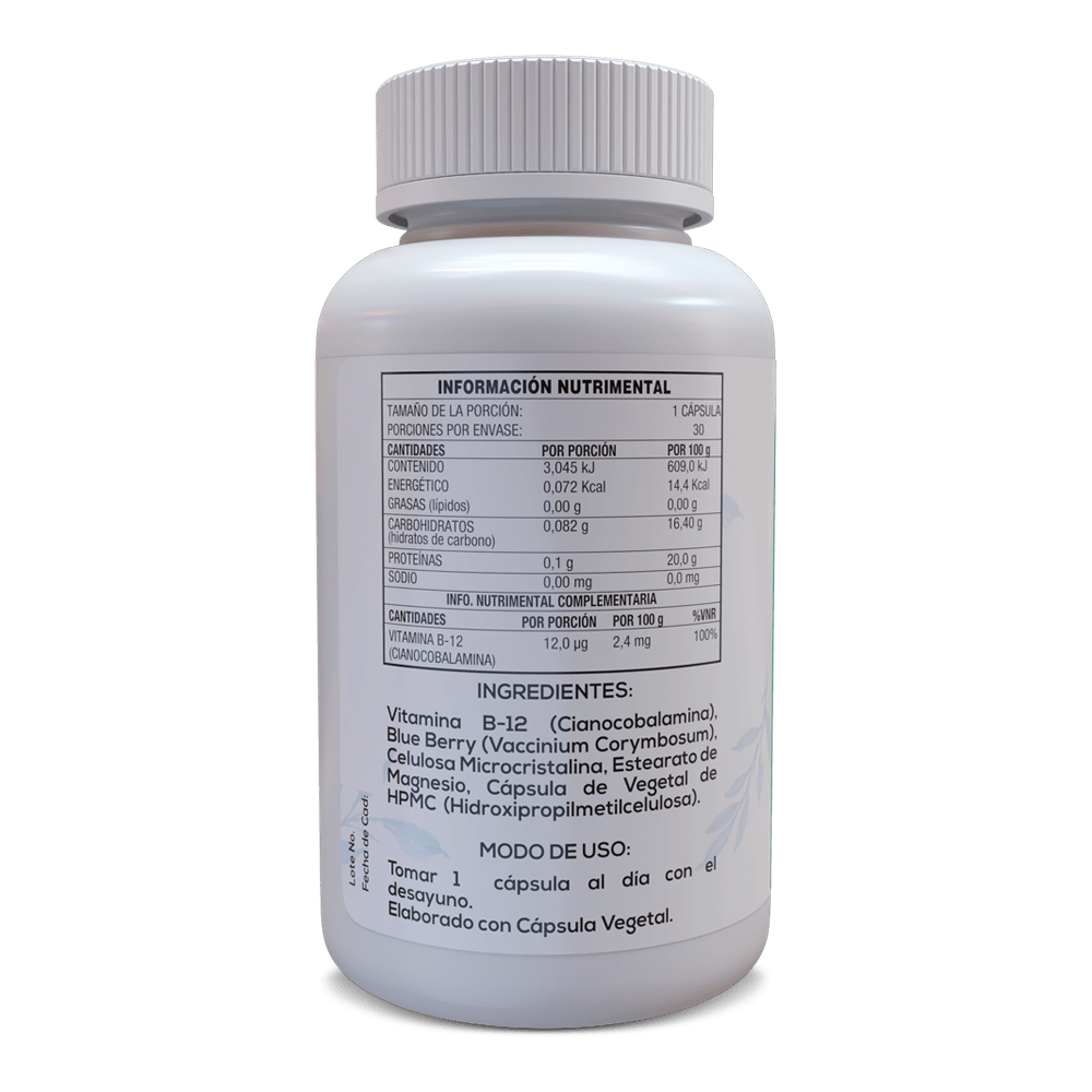 Vitamina B-12 Cianocobalamina 30 Cápsulas Veganas de 500 mg