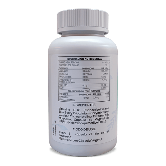 Vitamina B-12 Cianocobalamina 30 Cápsulas Veganas de 500 mg